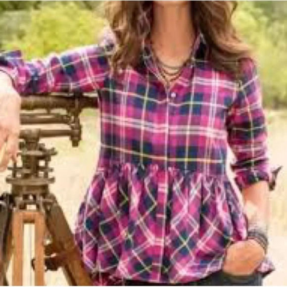 Sundance Hayden Creek Pink Plaid Peplum Flannel Top - NWOT - Size Medium - Picture 1 of 8